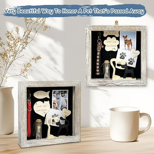 Dog Memorial Shadow Box Gift Pet Memory Display Case Wooden Picture Frame Pet Paw Ink Kit Glass Fur Jar Pets Keepsake Holder for Passed Away Dogs Cats idea Gifts for Pet Lover (White Dog Frame)
