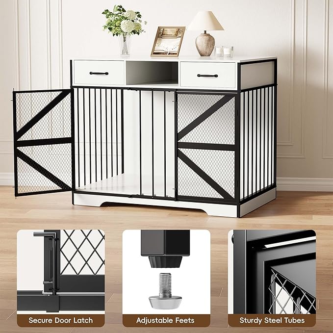44" Large Dog Crate Furniture, Wooden Heavy Duty Dog Kennel TV Stand with 2 Drawers, Indoor Multi-Functional Decorative XL Furniture for Medium & Large Breeds, White