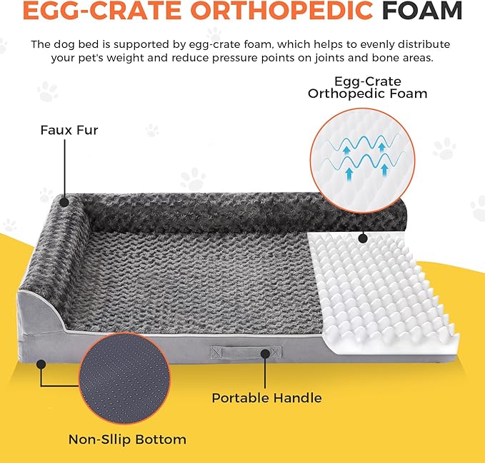 Dog Bed Large Sized Dogs, XL Orthopedic Dog Bed for Large Dogs 42"x30"x7.5", Waterproof Pet Bed with Washable Removable Cover, L-Shaped Pet Couch with Portable Handle, Grey