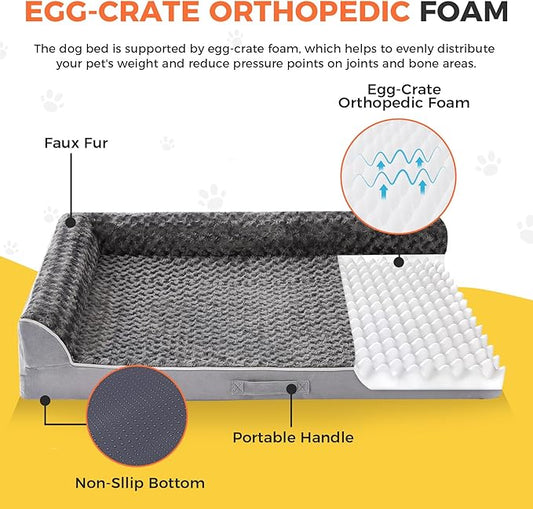 Dog Bed Large Sized Dogs, XL Orthopedic Dog Bed for Large Dogs 42"x30"x7.5", Waterproof Pet Bed with Washable Removable Cover, L-Shaped Pet Couch with Portable Handle, Grey