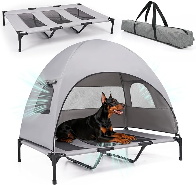 Large Raised Dog Bed with Removable Shade Canopy, Breathable & Waterproof Outdoor Pet Cot for Dogs up to 110 Lbs, Durable Steel Frame Dog Camping Bed for Lawn, Porch, Beach or Indoor Resting