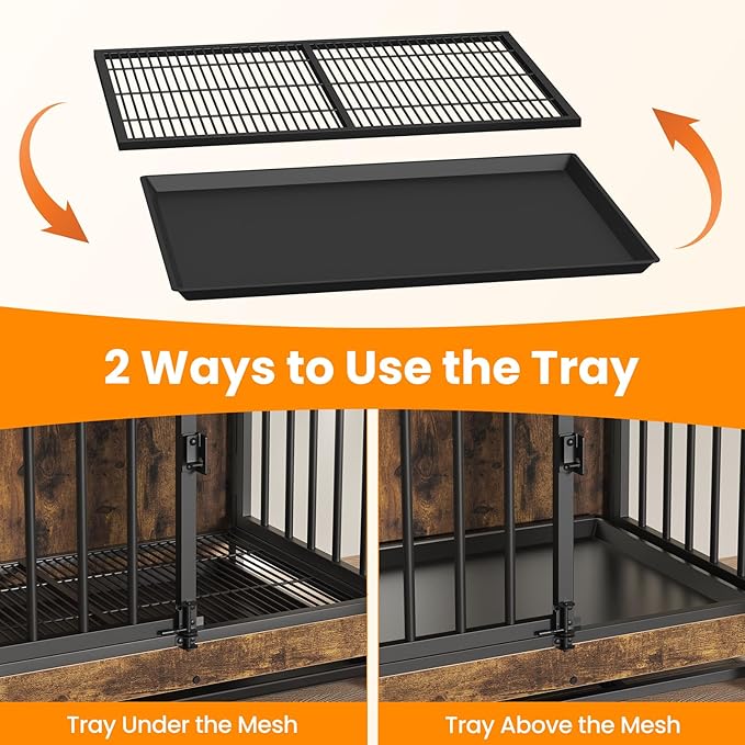 Dog Crate Furniture, 42 InchI ndoor Large Dog Kennel for Medium to Large Dogs Up to 70 LBS, Heavy Duty Wooden Pet Cage End Table with 3 Doors, Alloy Steel Frame & Removable Tray