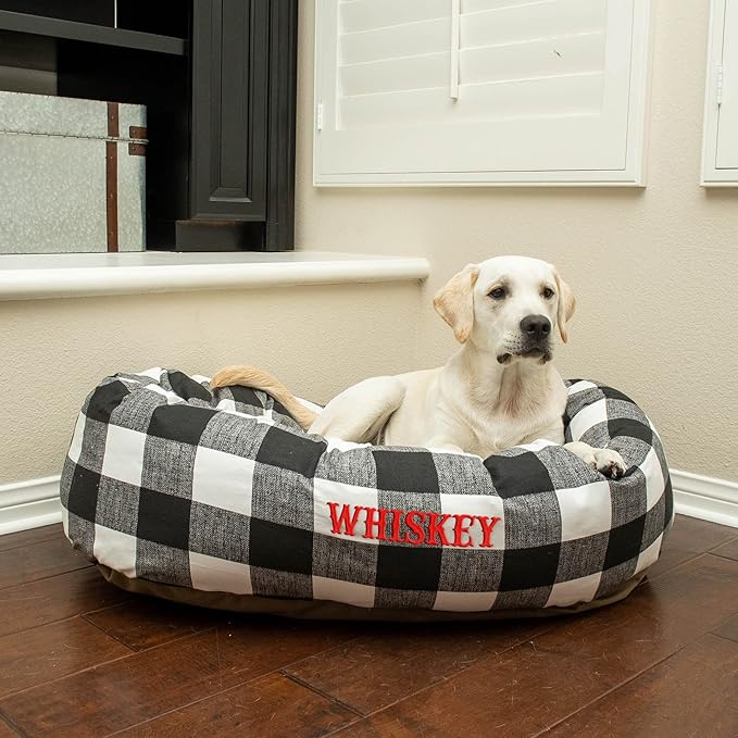 Majestic Pet Anderson Check Personalized Bagel Dog Bed | Donut Style Pet Bed with Custom Embroidered Pet Name | Various Fonts and Thread Colors Available (Medium, Charcoal Black)