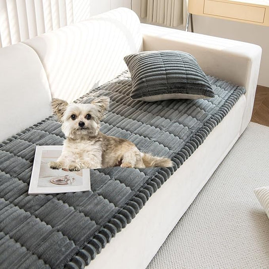 Faux Fur Plush Dog Couch Cover 3D Stripe Fuzzy Sofa Cover Non-Slip Fluffy Dog Bed Cover Pet Blanket Sofa Couch Furniture Protector for Puppy Large Dog Cat (Dark Grey,31"x31")