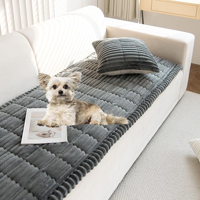 Faux Fur Plush Dog Couch Cover 3D Stripe Fuzzy Sofa Cover Non-Slip Fluffy Dog Bed Cover Pet Blanket Sofa Couch Furniture Protector for Puppy Large Dog Cat (Dark Grey,31"x47")