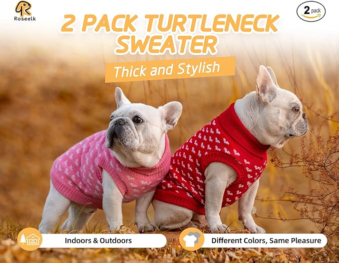 2 Pack Dog Sweater Winter Warm Clothes - Heart Soft Puppy Medium Thickening Turtleneck Sweatshirt for Chihuahua, Bulldog, Dachshund, Pug, Yorkie (M, Pink, Red)