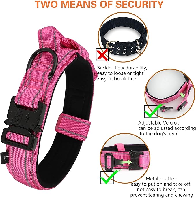 KCUCOP Tactical Dog Collar for Medium & Large Dogs - Military Nylon Heavy Duty Collar with Handle, Reflective Strip & Metal Buckle for Training, Outdoor (Pink Reflective, Large)