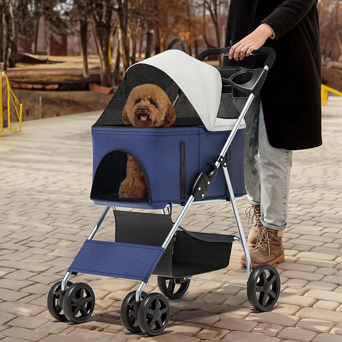 MoNiBloom 3 in 1 Foldable Pet Stroller for Small & Medium Dogs, Detachable Carrier, Car Seat, Push Button Entry, 4-Wheel Jogger for Pets up to 33 lbs, Navy Blue