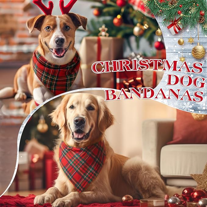 Abbylike 100 Pcs Christmas Dog Bandanas Bulk Red and Green Buffalo Plaid Bandanas for Dogs Triangle Kerchief Bibs Scarf for Pet Xmas Costume Photo Props Accessories, 25 Styles (31.5 x 21.7 x 21.7)