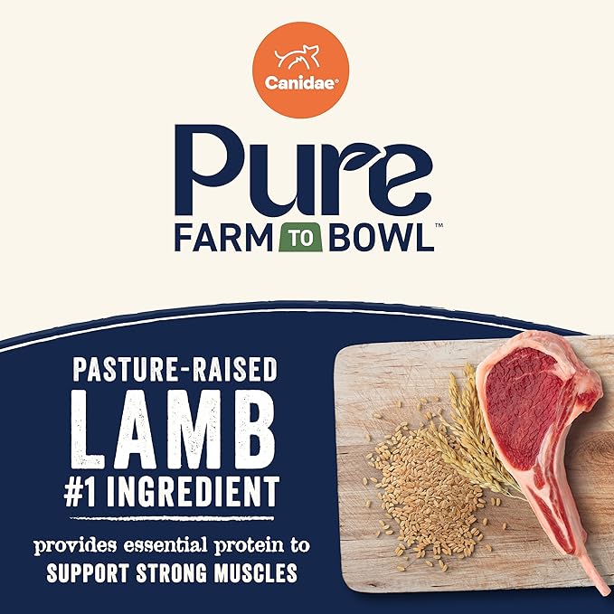 CANIDAE Pure Farm to Bowl Pasture-Raised Lamb & Brown Rice Dog Food, Adult Dog Food, 22lb