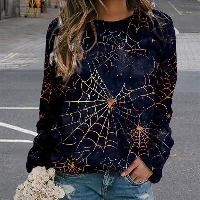 MARSVOVO Fall Sweatshirt for Women Novelty Spider Web Shirt Dressy Casual Crewneck Tunic Tops Spring Graphic Pullover