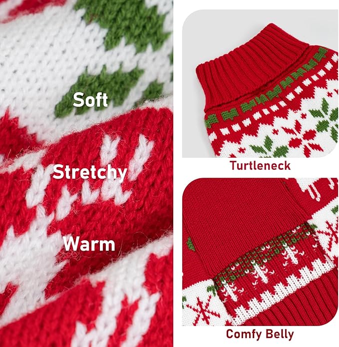 KYEESE Dog Christmas Sweater, Warm Turtleneck Dog Sweater for Small Dogs Boy Girl with Snowflake & Reindeer Pattern, Cozy Doggie Knitwear with Leash Hole, Soft Festvial Pet Clothes, X-Large