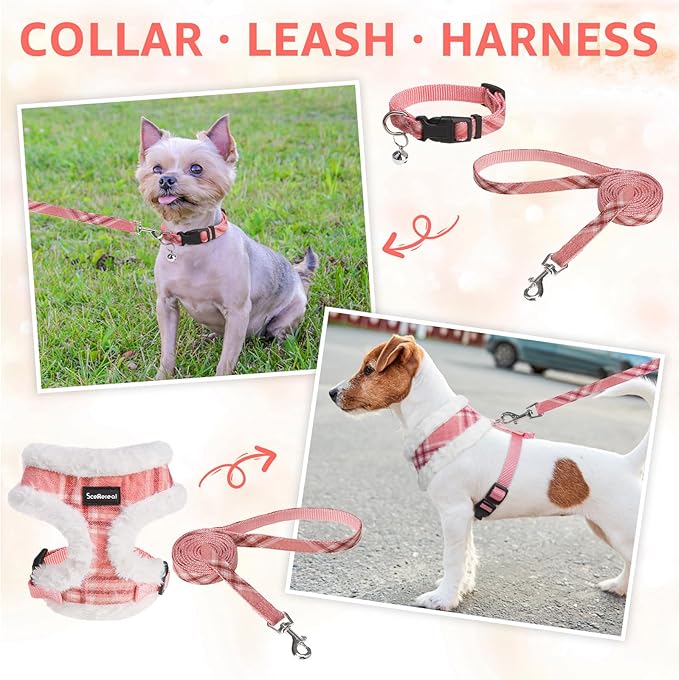 SCENEREAL Small Dog Harness Collar and Leash Set, Mesh Plush No Pull Puppy Vest Harness, Warm Fleece No Chock Step in Small Pet Halter for Outdoor Walking Training, Pink Plaid XS