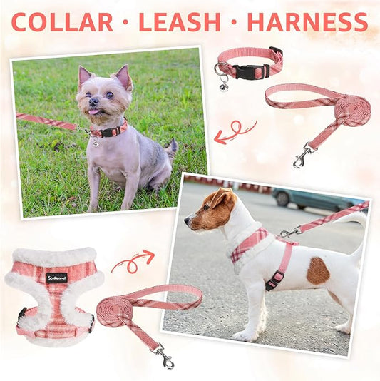 SCENEREAL Small Dog Harness Collar and Leash Set, Mesh Plush No Pull Puppy Vest Harness, Warm Fleece No Chock Step in Small Pet Halter for Outdoor Walking Training, Pink Plaid XS
