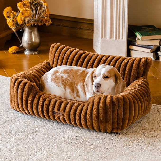 MEWOOFUN Dog Couch Bed, Fluffy Small Dog Bed with Removable Washable Cover, Supportive Cat Couch for Cats & Dogs up to 25 lbs (Brown, 30x21x12)