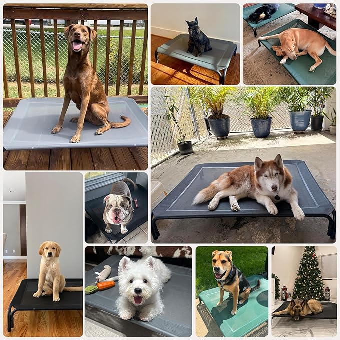 Elevated Dog Bed Raised Outdoor Dog Cot for Large Dogs, Installation Requires No Tools, Frame with Washable Cooling Breathable Mesh Anti-Slip Feet, Indoor Pet Bed, Grey, 43.3 Inches