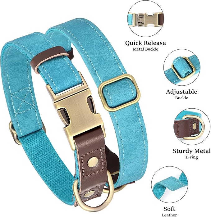 Didog Soft PU Leather Dog Collar for Large Dogs,Classic Adjustable Wide Dog Collars with Quick Release Metal Buckle,Easy Clean and Comfortable with Nylon Lining,Light Blue,XL Neck 17-26", Width 1¼''