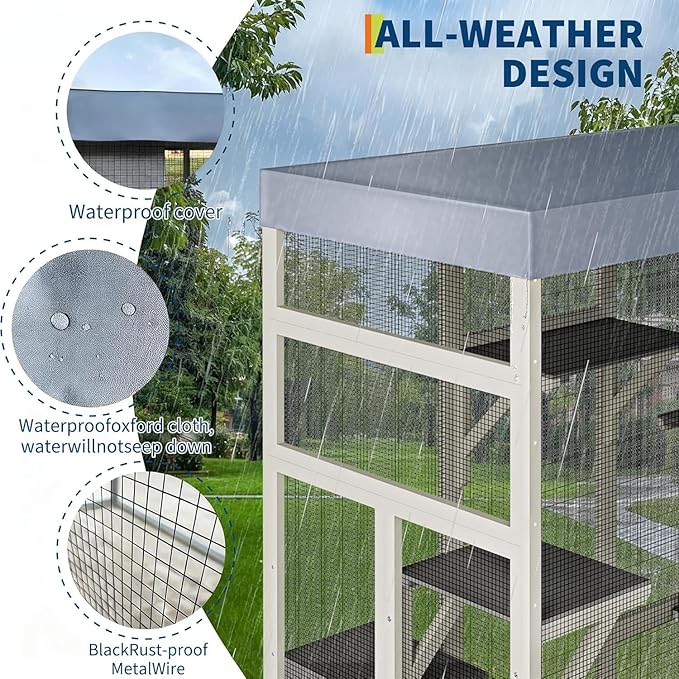 70-Inch Large Catio Enclosure, with Weatherproof Roof, UV-Protected, Wooden Frame and Rust-Resistant Steel Mesh, Cat House with 2 Lounging Boxes and Platforms, for Patio or Backyard