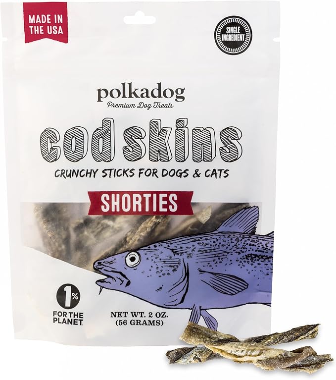 Polkadog Cod Skins for Dogs (2oz Shortie) - Single Ingredient, Wild-Caught Fish Skin Dog Treats for All Breeds – High in Lean Protein & Omega-3. Hypoallergenic, Grain Free. Handcrafted & Made in USA