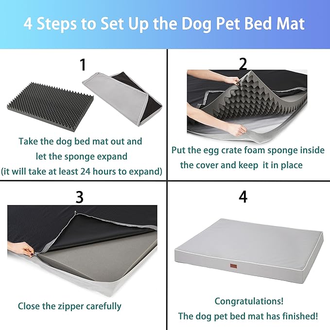 Dog Bed Mats for Large Big Dogs - Orthopedic Dog Pet Bed Thick Egg Foam Crate, Removable Washable Cover, Non-Slip Bottom Durable Dog Crate Bed Mat (Light Grey, XXL(47''x29''x4''))