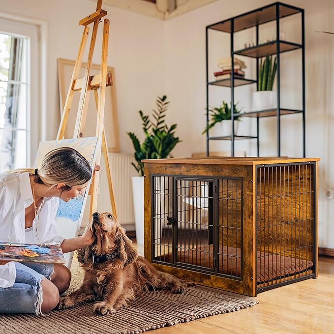 Bigrab Dog Crate Furniture with Thick Cushion, Side End Table Wooden Dog Cage with Double Doors, Chew-Resistant Dog Kennel Dog House Indoor for Small to Large Dog, S