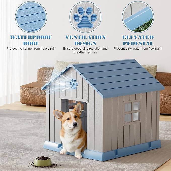 Fancyango Dog House Outdoor Indoor - Waterproof, Ventilated, Easy to Clean, Elevated Floor for Small-Large Dogs, Easy to Assemble (Blue, 31" L x 33.3" W x 33.5" H)