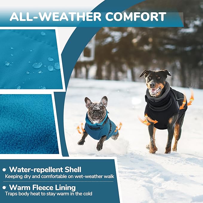 PUMYPOREITY Snow Jacket for Large Dogs Waterproof, Warm Dog Winter Coat with Harness Built in, Fleece Jacket with Back Zipper, Cold Weather Coats for Outdoor, Windproof Pet Snowsuit, Blue, 2XL