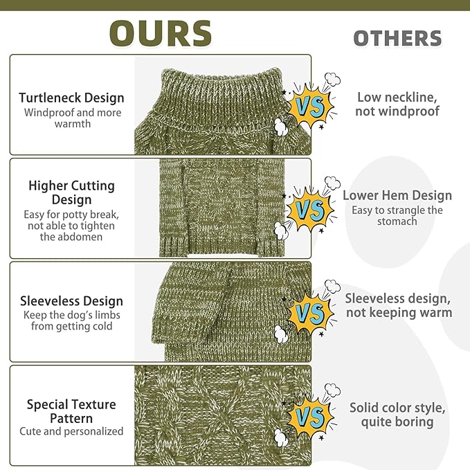KOOLTAIL Thermal Knitted Dog Sweater for Small Medium Large Dogs, Turtleneck Cable Knit Doggy Winter Coat Warm Clothes Sweatshirt Outfits for Cold Weather, Pullover Pet Jumper for Puppy Cats Green L