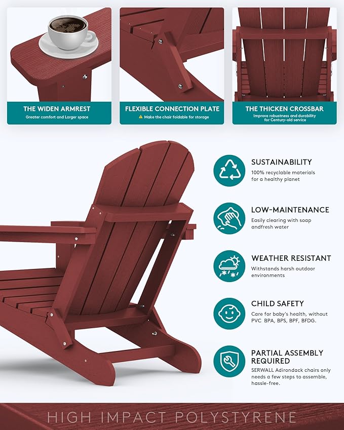 SERWALL Folding Adirondack Chair Set of 6 Weather Resistant for Patio - Red