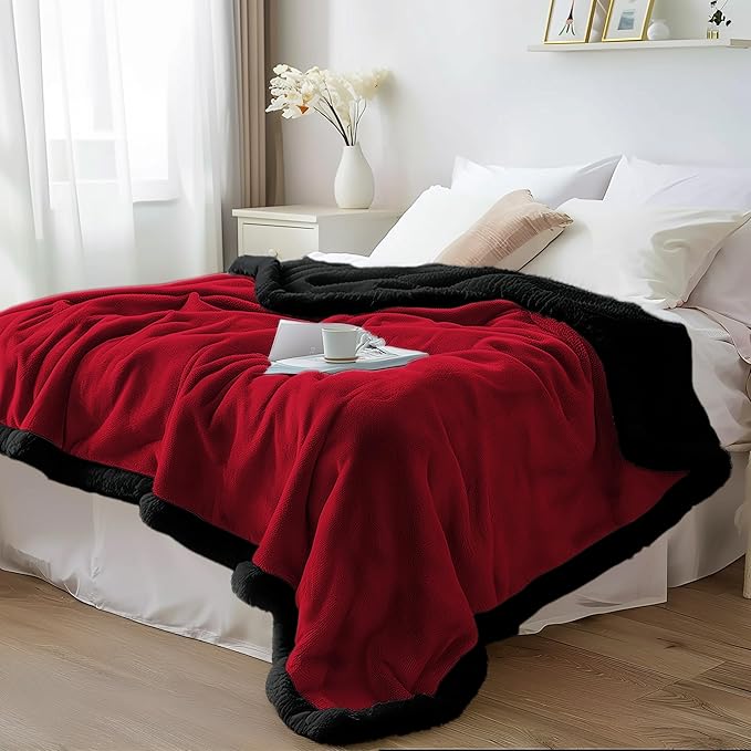 Waterproof Throw Blanket - Sherpa Fleece Reversible Throw, Soft Warm Leak-Proof Bed & Couch Protector for Kids, Pets & Everyday Spills (Velvet Red/Obsidian Black, Throw 50x60