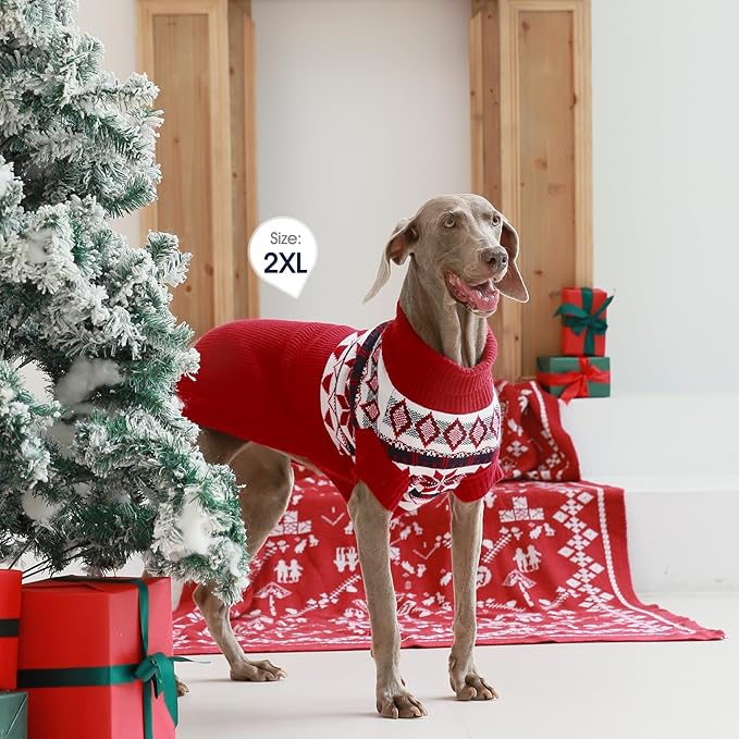IECOii Large Dog Christmas Sweater, Cold Weather Knitted Winter Coat, Xmas Apparel, Turtleneck Thick Warm Red for Dachshund, Pug, French Bulldog