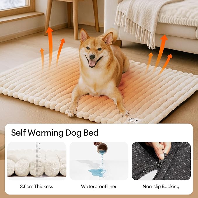 FUNNY FUZZY Self Warming Cat Bed, Waterproof Corduroy Fleece Warm Self Heating Pad for Cats & Dogs, Non-Skid Thermal Pet Mat Indoor with Removable Washable Cover - ThermoPad, 31.5"×25", Cream White