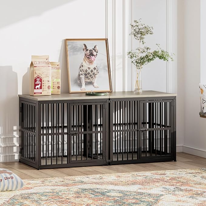 Lyromix 54'' Dog Crate Furniture with Double Rooms,Wooden Crate End Table Heavy Duty Indoor Puppy Cage for 2 Small Dogs, Multiple Units Can be Combined, Grey