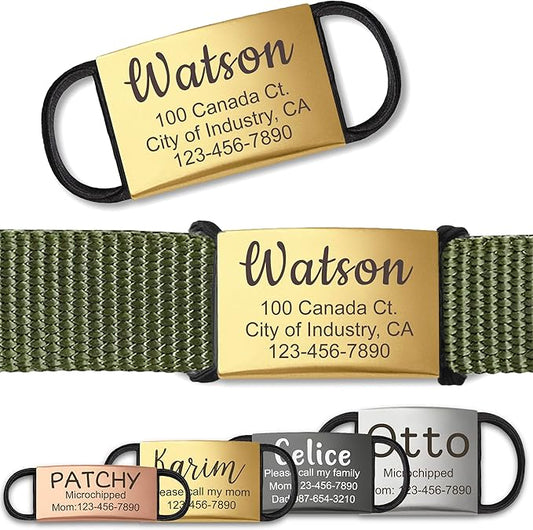 Anavia Slide On Silent Pet ID Tags, S/M/L/XL Personalized Stainless Steel Cat Dog Tag with Elastic Fabric Band, Engraved Nameplate Quiet Chew-Proof Pet Collar Tag (Gold, Large)