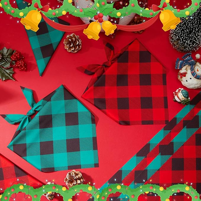 50 Pcs Red and Green Buffalo Plaid Bandanas Bulk for Christmas Dog Xmas Kerchief Set Bibs Dog Triangle Scarf for Small Medium Large Doggie Costume Decoration