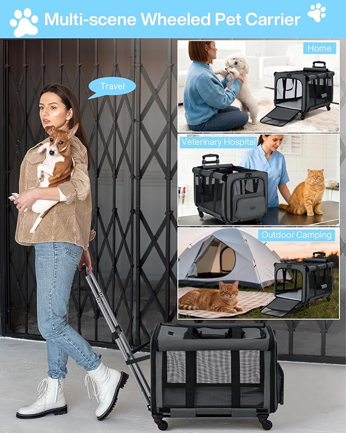 MILADA Extra Large Cat Carrier with Wheels for Big Cats & Small Dogs Soft Sided Rolling Pet Carrier Detachable XL Cat Stroller for Travel, Hiking, Vet & Hospital Use, Grey