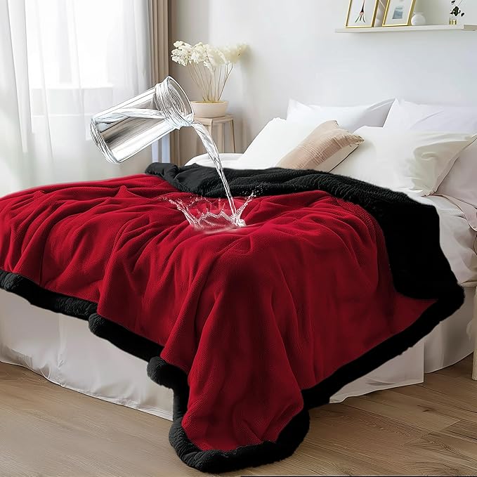 Waterproof Blanket Double Size - Sherpa Fleece Reversible Throw, Soft Warm Leak-Proof Bed & Couch Protector for Kids, Pets & Everyday Spills(Velvet Red/Obsidian Black, 85x90)