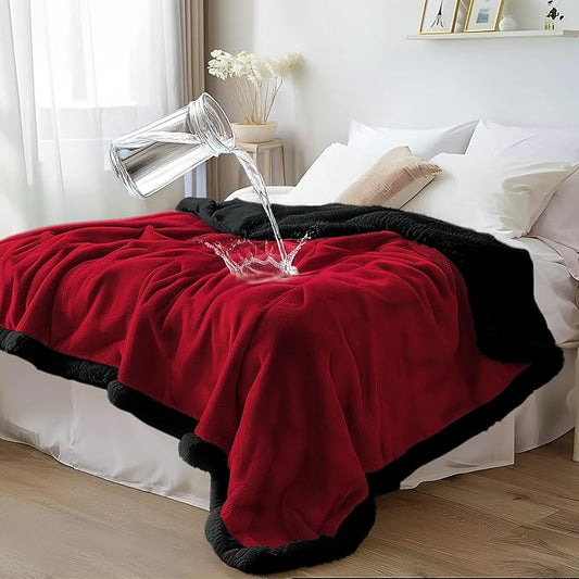 Waterproof Blanket Double Size - Sherpa Fleece Reversible Throw, Soft Warm Leak-Proof Bed & Couch Protector for Kids, Pets & Everyday Spills(Velvet Red/Obsidian Black, 85x90)