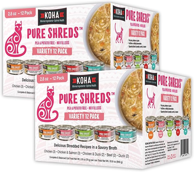 KOHA Pet Food Pure Shreds Cat Variety Pack, High Protein Wet Cat Food - 5 Flavors - Beef, Duck, Chicken & Duck and Chicken & Salmon Food for Cats - 2.8 oz Cans, Pack of 24