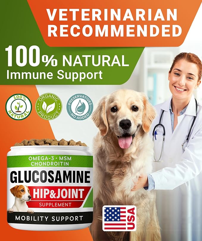 Glucosamine Treats for Dogs - Joint Supplement w/Omega-3 Fish Oil - Chondroitin, MSM - Advanced Mobility Chews - Joint Pain Relief - Hip & Joint Care - Hickory Bacon Flavor - 120 Ct - Made in USA