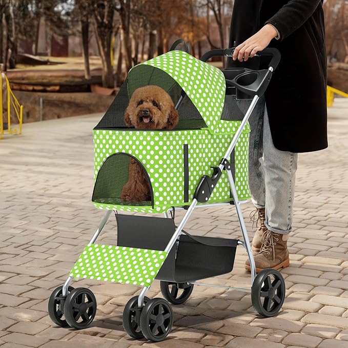 MoNiBloom 3 in 1 Foldable Pet Stroller for Small & Medium Dogs, Detachable Carrier, Car Seat, Push Button Entry, 4-Wheel Jogger for Pets up to 33 lbs, Lawn Green Polka Dots