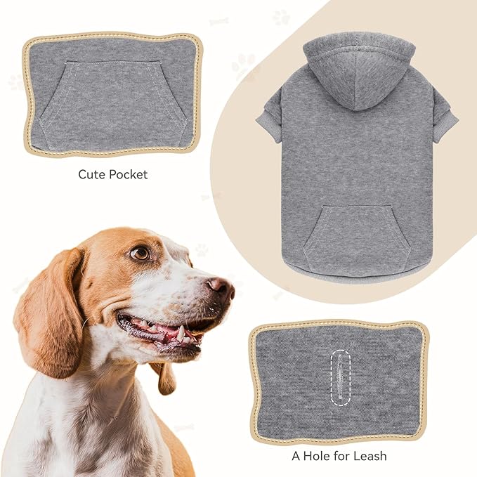 Solid Soft Brushed Fleece Dog Sweater & Hoodie with Pocket (Grey-S)