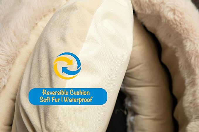 Furry's Paradise Rabbit Faux Fur Slipper Pet Bed with Recycled Fibers, Bolsters, Reversible Cushion, Waterproof Liners, and Removable Washable Cover. (Beige)