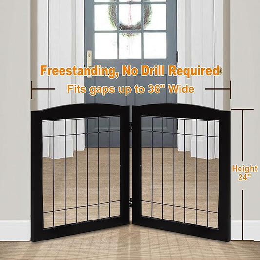 LZRS 2-Panel Freestanding Foldable Wood Dog Gate – Solid Wood & Steel Wire, Chew-Resistant Pet Barrier for Indoor Use, Ideal for Small to Medium Dogs, Black