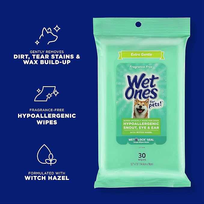 Wet Ones for Pets Extra Gentle Dog Wipes with Witch Hazel for Snout, Eye, Ear - Fragrance-Free Wipes for Dogs with Wet Lock Seal, 30 Count