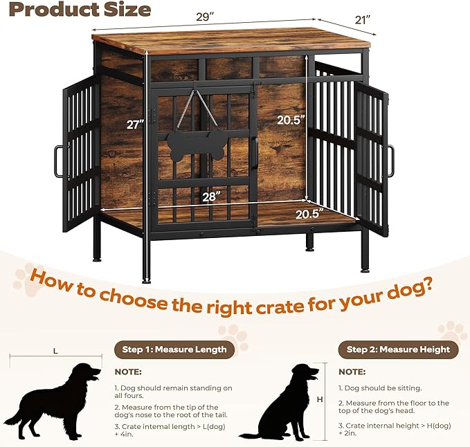 29 Inch Dog Crate Furniture, Heavy Duty Dog Kennel for Small or Medium Dogs, Double Doors Indoor Decor Pet House Cage, Anti Escape Wooden Dog Cage with Name Tag End Table, TV Stand, Brown