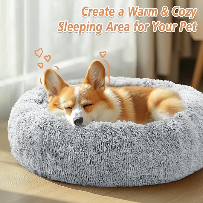 JOLLYVOGUE Calming Dog & Cat Bed for Small Dogs, Anti-Anxiety Donut Cuddler Cozy Soft Round Bed with Anti-Slip Bottom, Fluffy Faux Fur Plush Cushion Beds for Small Dogs, (23", Smoke Gray)