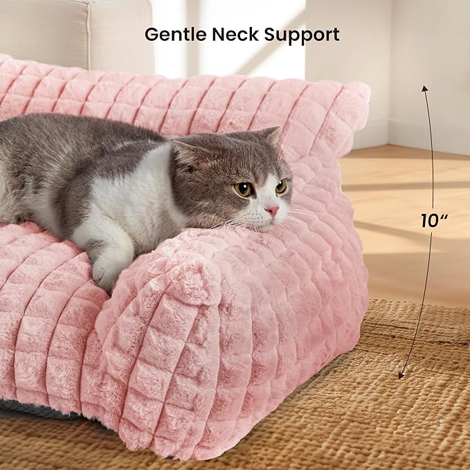 Cute Small & Medium Dog Couch Bed – Supportive & Fluffy Pet Sofa with Faux Rabbit Fur Washable Cover in 3D Diamond Pattern, 36" Pink