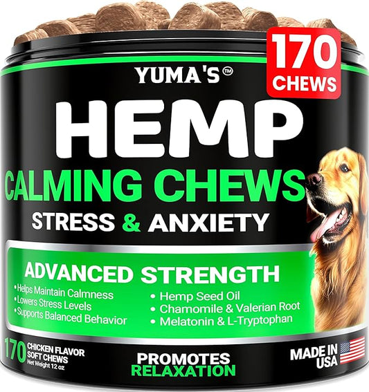 Hemp Calming Chews for Dogs - Advanced Dog Calming Chews - 170 Chews - Anxiety Relief Treats - Separation Aid, Barking, Stress Relief, Thunderstorms - Melatonin - Hemp Oil - Made in USA
