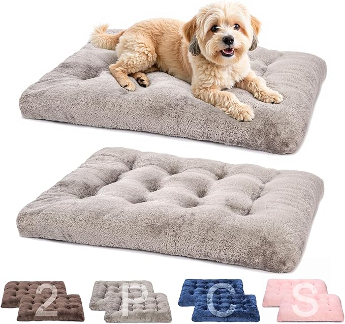 POMIU 2-Pack Washable Dog Bed, Deluxe Plush Crate Beds with Anti-Slip, Machine Washable Kennel Pad Sleeping Mat for Large, Medium and Small Dogs (2 Pack x Grey, 23.0" L x 18.0" W x 3.0" Th)